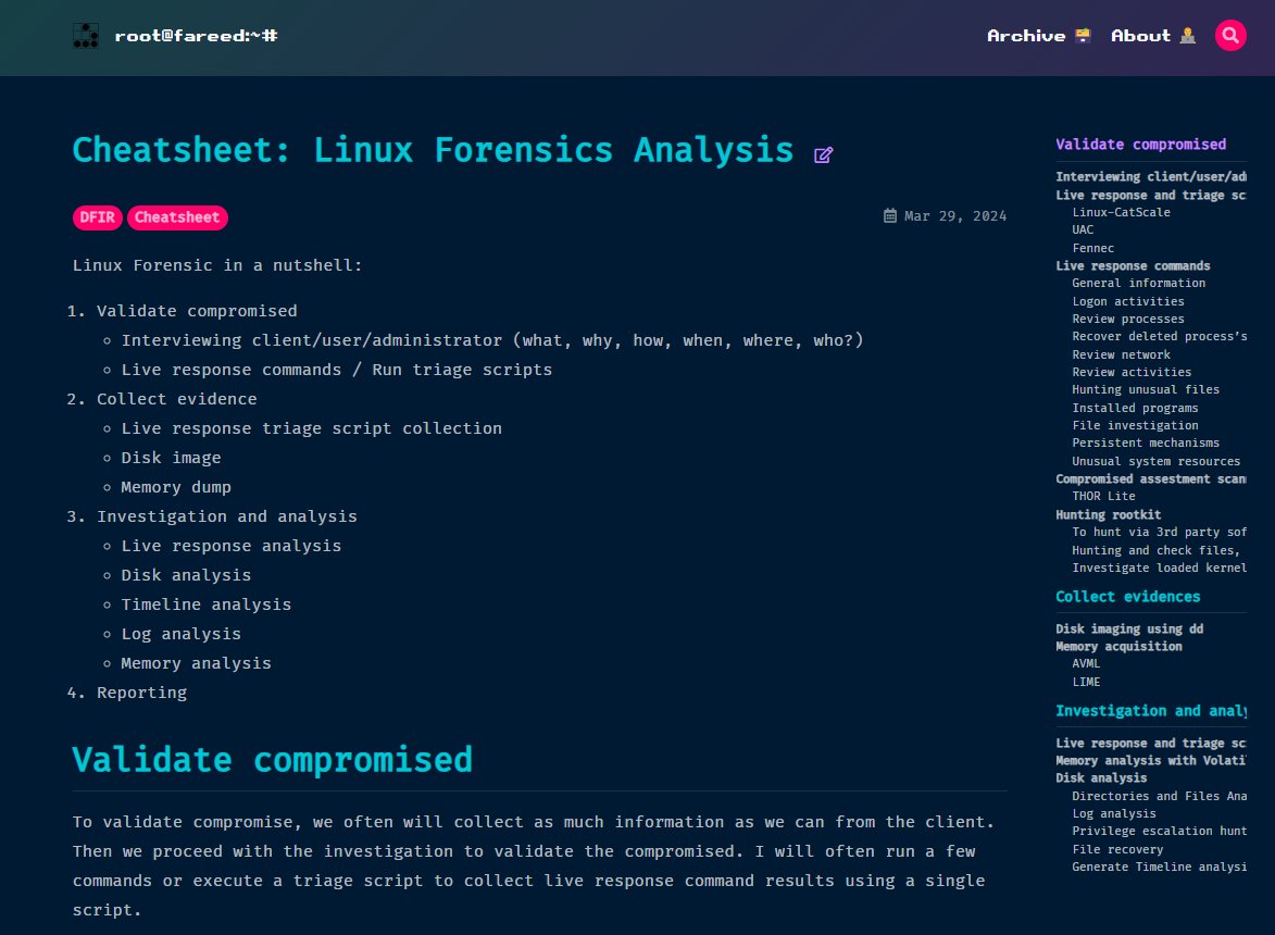 🐧🕵️Linux Forensics Analysis Cheat Sheet 🔹Validate compromised -Interviewing client/user/administrator (what, why, how, when, where, who?) -Live response commands / Run triage scripts 🔹Collect evidence -Live response triage script collection -Disk image -Memory dump