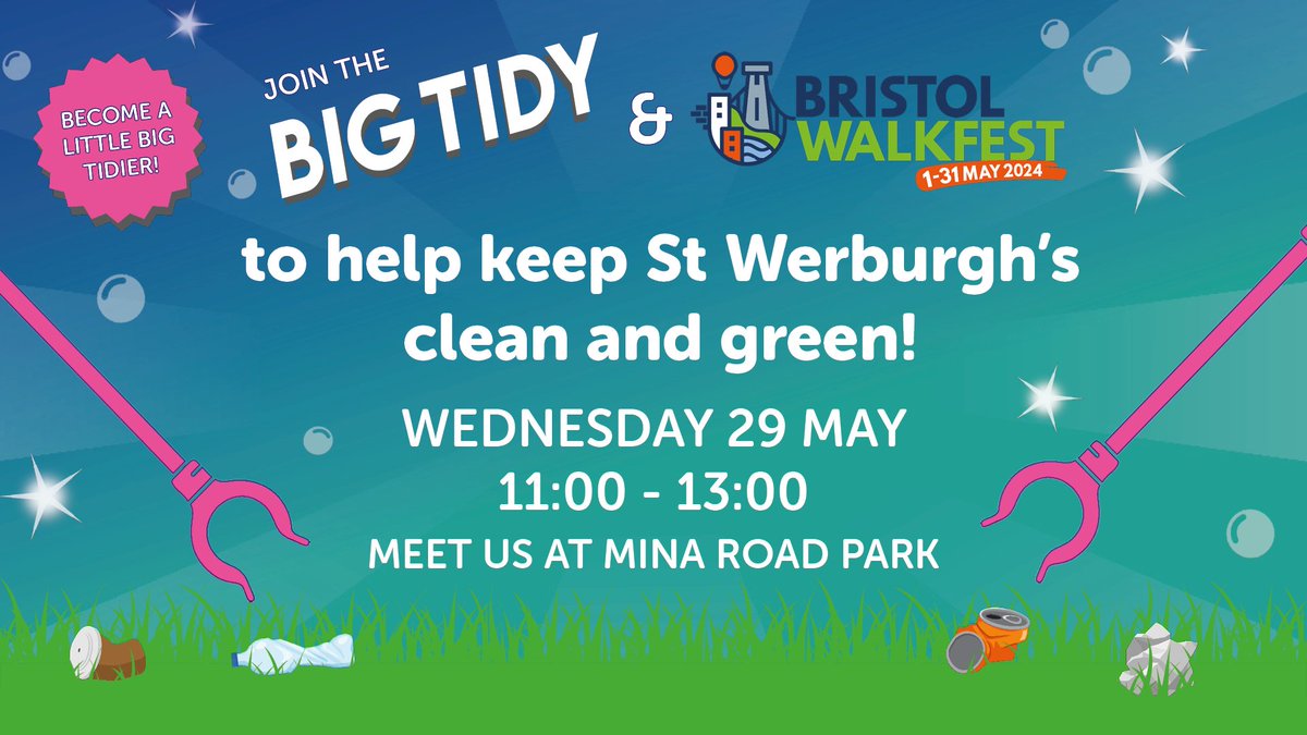 Is your child keen to keep Bristol clean and green? Join the #BigTidy in St Werburgh's for an easy litter picking walk with @briswalkfest! 📍 Starting from Mina Road Park 📅 Wednesday 29 May ⏰ 11am - 1pm