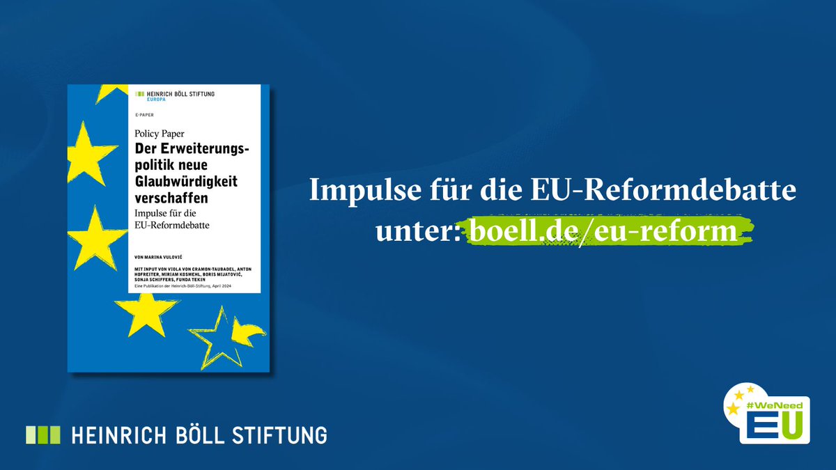 Heinrich-Böll-Stiftung (@boellstiftung) on Twitter photo NEU: Policy Paper mit Empfehlungen, wie die 🇪🇺 der Erweiterungspolitik neue Glaubwürdigkeit verleihen kann. Von Marina Vulović, mit Input von <a href="/ViolavonCramon/">Viola von Cramon 🇺🇦🇪🇺</a>, <a href="/ToniHofreiter/">Toni Hofreiter</a>, <a href="/MiriamKosmehl/">Miriam Kosmehl</a>, <a href="/borismijatovic/">Boris Mijatovic</a>, <a href="/sonjaschiffers/">Sonja Schiffers</a>, <a href="/FundaTekin17/">Funda Tekin</a>.
▶️ Jetzt lesen: boell.de/eu-reform NEU: Policy Paper mit Empfehlungen, wie die 🇪🇺 der Erweiterungspolitik neue Glaubwürdigkeit verleihen kann. Von Marina Vulović, mit Input von <a href="/ViolavonCramon/">Viola von Cramon 🇺🇦🇪🇺</a>, <a href="/ToniHofreiter/">Toni Hofreiter</a>, <a href="/MiriamKosmehl/">Miriam Kosmehl</a>, <a href="/borismijatovic/">Boris Mijatovic</a>, <a href="/sonjaschiffers/">Sonja Schiffers</a>, <a href="/FundaTekin17/">Funda Tekin</a>.
▶️ Jetzt lesen: boell.de/eu-reform