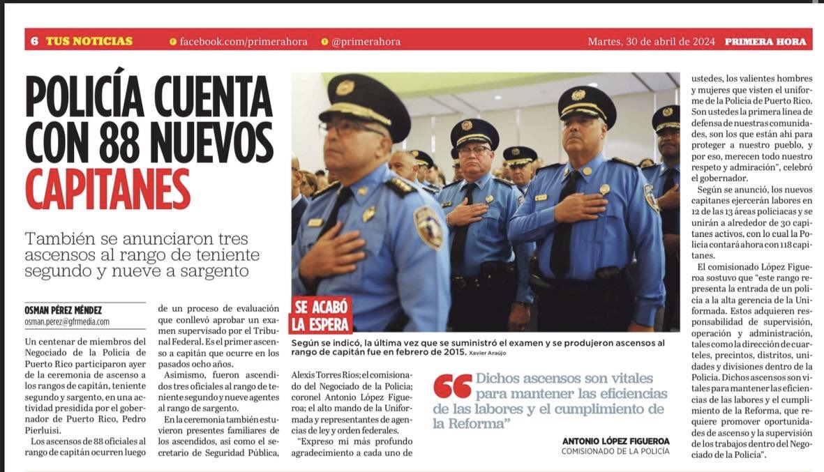 La @PRPDnoticias ahora cuenta con 100 agentes ascendidos a diferentes rangos, incluyendo 88 capitanes, 3 tenientes II y 9 sargentos. Estos ascensos destacan la capacidad de los miembros de la uniformada, mostrando su experiencia y habilidades en servicio a nuestra gente y…