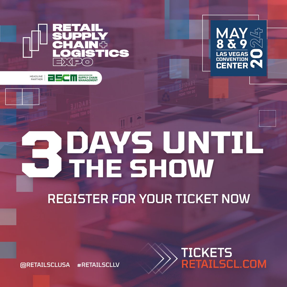 RetailSCL_USA's tweet image. 𝟯 𝗗𝗮𝘆𝘀 𝗧𝗼 𝗚𝗼! 📆⏰

Time is running out to secure your ticket to the Las Vegas Convention Center on May 8th &amp;amp; 9th! Tickets are limited, be quick ...

Free Promo Code: 𝗥𝗦𝗖𝗟𝟯𝗗𝗔𝗬𝗦
Tickets: bit.ly/4cn0PMP 🎫

#RetailSCLLV #Logistics #3DaysToGo 🚛