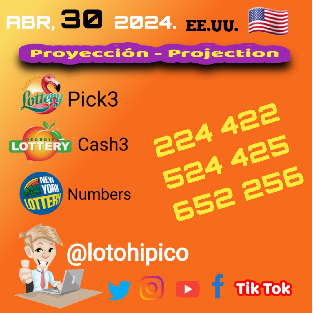 Regalitosss...
ABRIL,30. 2024. 🇺🇸 EE.UU.
#Pick3 #Cash3 #Numbers 

#FloridaLottery @floridalottery
flalottery.com/pick3

#Georgialottery
galottery.com/en-us/games/dr…

#NYlottery 
nylottery.ny.gov

Agradezco dar un retweet.