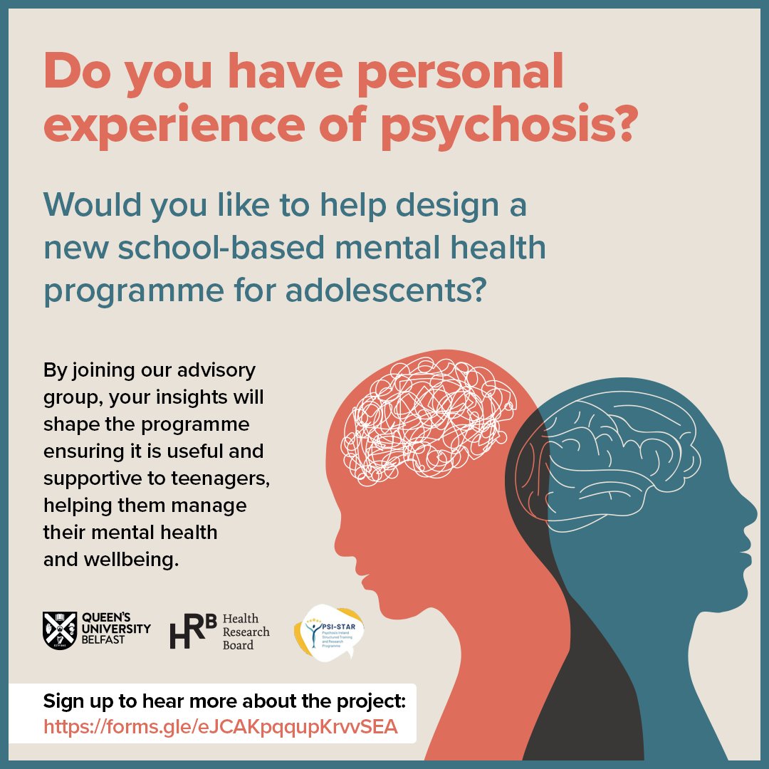 Do you have personal experience of psychosis? Join our advisory team and help design an intervention to support adolescents who may be troubled by unusual sensory experiences >>> tinyurl.com/y4ysvc62