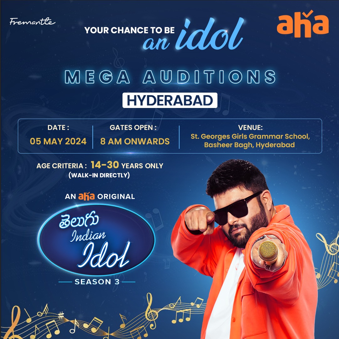 Hyderabad, get ready to take the stage! 🎤 Indian Idol Season 3 auditions are on May 5th. 🌟 Don't miss this incredible opportunity. 🌟 @geethasinger @MusicThaman @singer_karthik @fremantle_india #teluguindianidol #Hyderabad #auditions #MegaAuditions #idol #aha