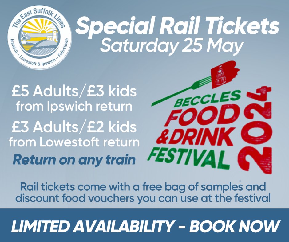 The @BecclesFoodFest is Saturday 25/5. Free to attend! The finest food/drink, 60+ stalls, music, kids entertainment. We've teamed up @greateranglia to offer a fab fare! Book rail tickets below and get a free bag of samples & vouchers to use at the stalls! railplus.greateranglia.co.uk/community-rail…