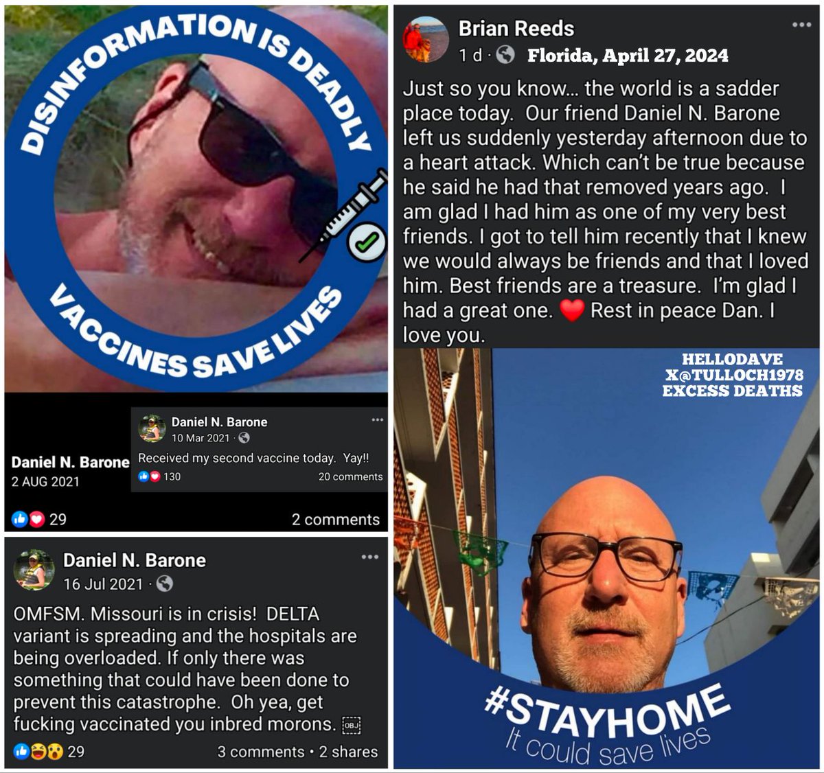 Florida, 'Daniel N. Barone left us suddenly yesterday afternoon due to a heart attack.' 

'Missouri is in crisis! DELTA variant is spreading and the hospitals are being overloaded. Get fucking vaccinated you inbred morons.'

#diedsuddenly (April 2024)

legacy.com/us/obituaries/…