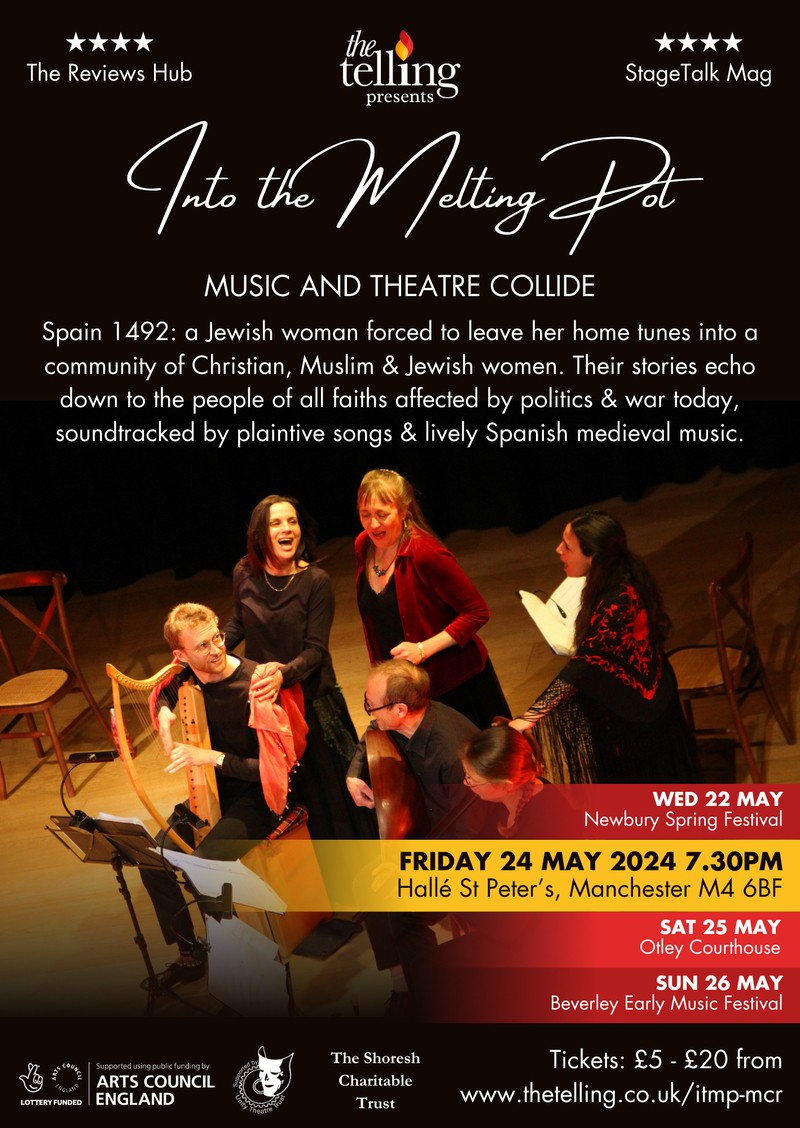 Our friends @thetellingmusic are headed to @hallestpeters on Friday 24 May with 'The Melting Pot' A concertplay by Clare Norburn that follows stories of love, community and racial intolerance experienced by Jewish, Christian & Muslim women in 1492 Spain. thetelling.co.uk/events/itmp-mcr
