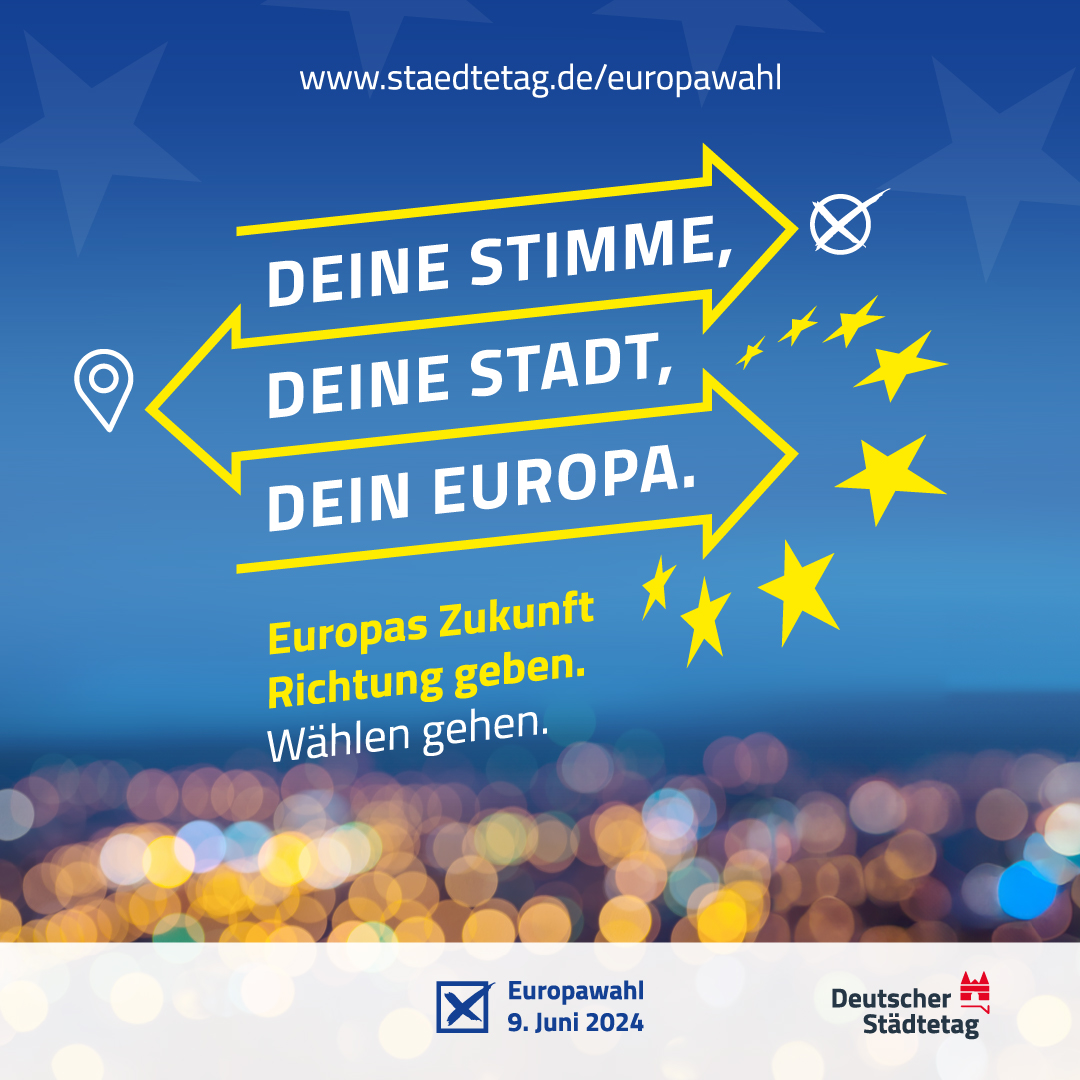 #Europawahl: Gemeinsam können wir am 9. Juni mit unserer Stimme Europas Zukunft sichern & gestalten! #DeineStadtDeinEuropa Wie die #EU unseren Alltag positiv beeinflusst – darauf machen viele #Städte mit Aktionen aufmerksam: ➡️staedtetag.de/positionen/for…