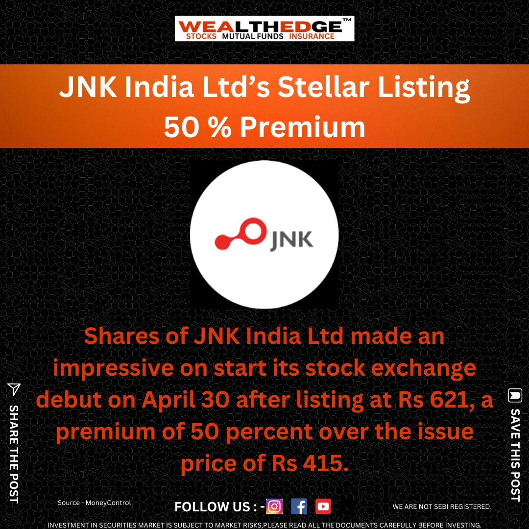 JNK India Ltd. Listing with a Bumper 50% Premium Today.
#IPOAlert #StockMarketNews #Nifty