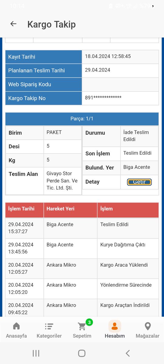 @SuratKargoTR @KoctasDestek Takip numaramdan baktığımda kargom 18/04/2024 Biga Acentesinden @SuratKargoTR tarafından   teslim alındığı, 29/04/2024'te tekrar Biga Acentesine teslim edildiği görünüyor
Gönderici Biga Acentesinden aldı mı?
İade işlemi açamıyorum
@Koctas
ile iletişim kurabilir misiniz?