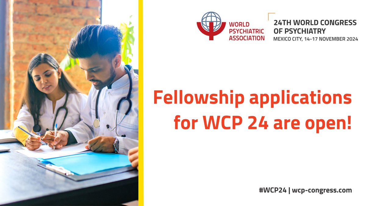 Fellowship applications are OPEN! 📢 If selected, you'll receive waived registration to #WCP24 and monetary support for participation. ➡️ Apply before the deadline on 5 May 2024: bit.ly/3UpRgFM #EarlyCareerPsychiatrists #ProfessionalDevelopment #MentalHealth