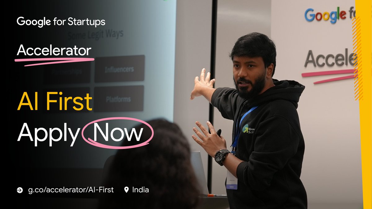 Awaken your startup's real potential! Applications are for @GoogleStartups Accelerator AI-First (India) - g.co/accelerator/AI…. 
Embrace profound mentorship, harness Google's insights, and craft a new chapter in your startup journey!  
#AcceleratedwithGoogle #StartupIndia