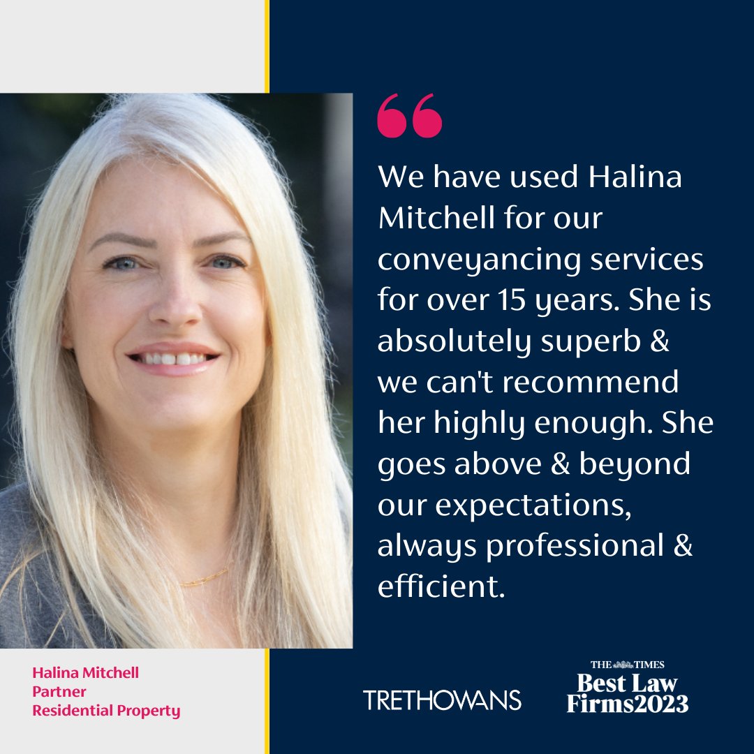 👏Well done to Halina Mitchell, Partner in our Residential Property team, for this fantastic testimonial.👏

#TestimonialTuesday #Trethowans #Lawasitshouldbe #UKLawFirm #Solicitor #UKLawyer #LegalProfession #Southampton #Winchester #Poole #Bournemouth #Salisbury