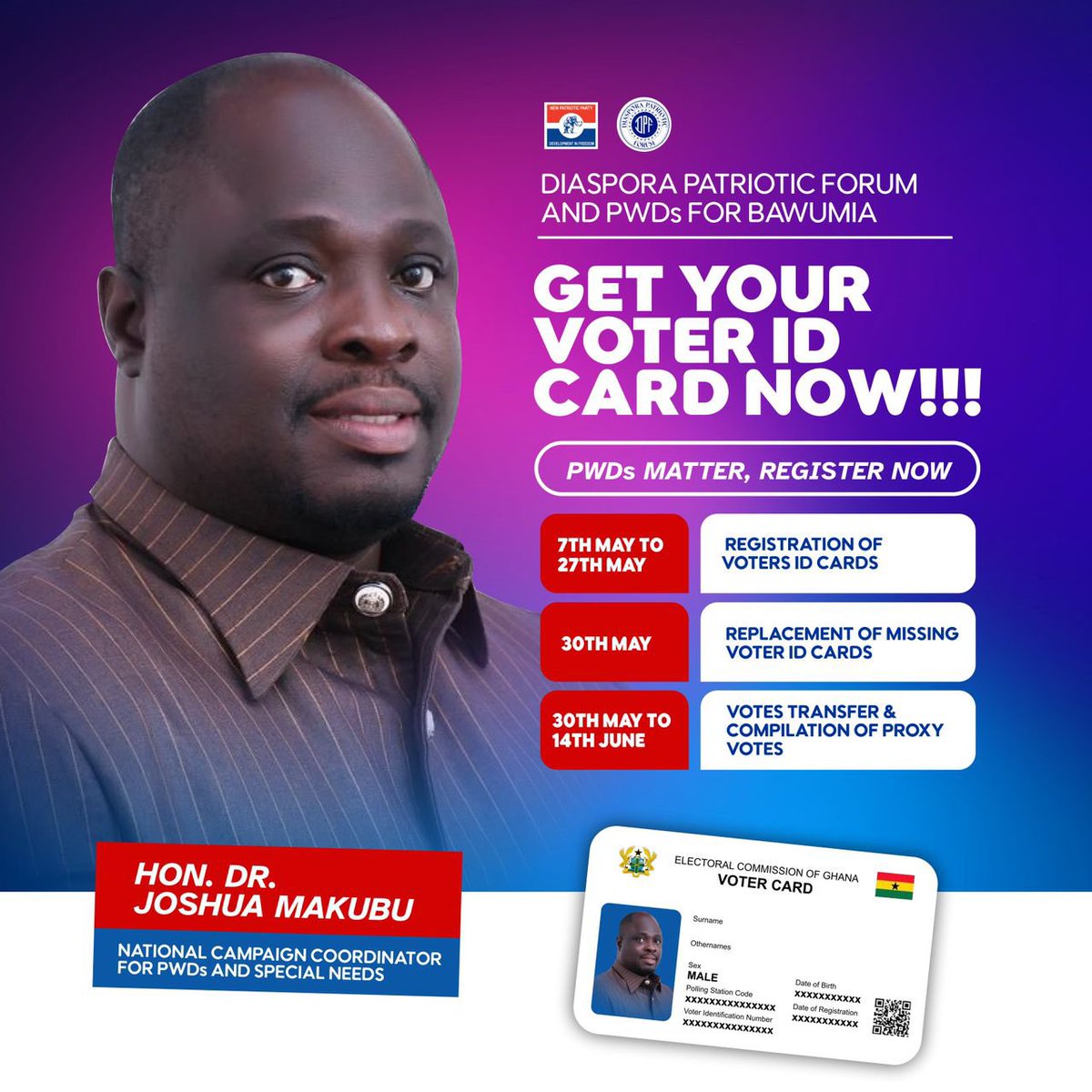 Appealing to all Ghanaians to help support Persons With Disabilities Register for Voters ID Card Now!
#PWDsMatter 
#npp 
#Bawumia2024 
#Bawumiacares 
#BawumiaTours