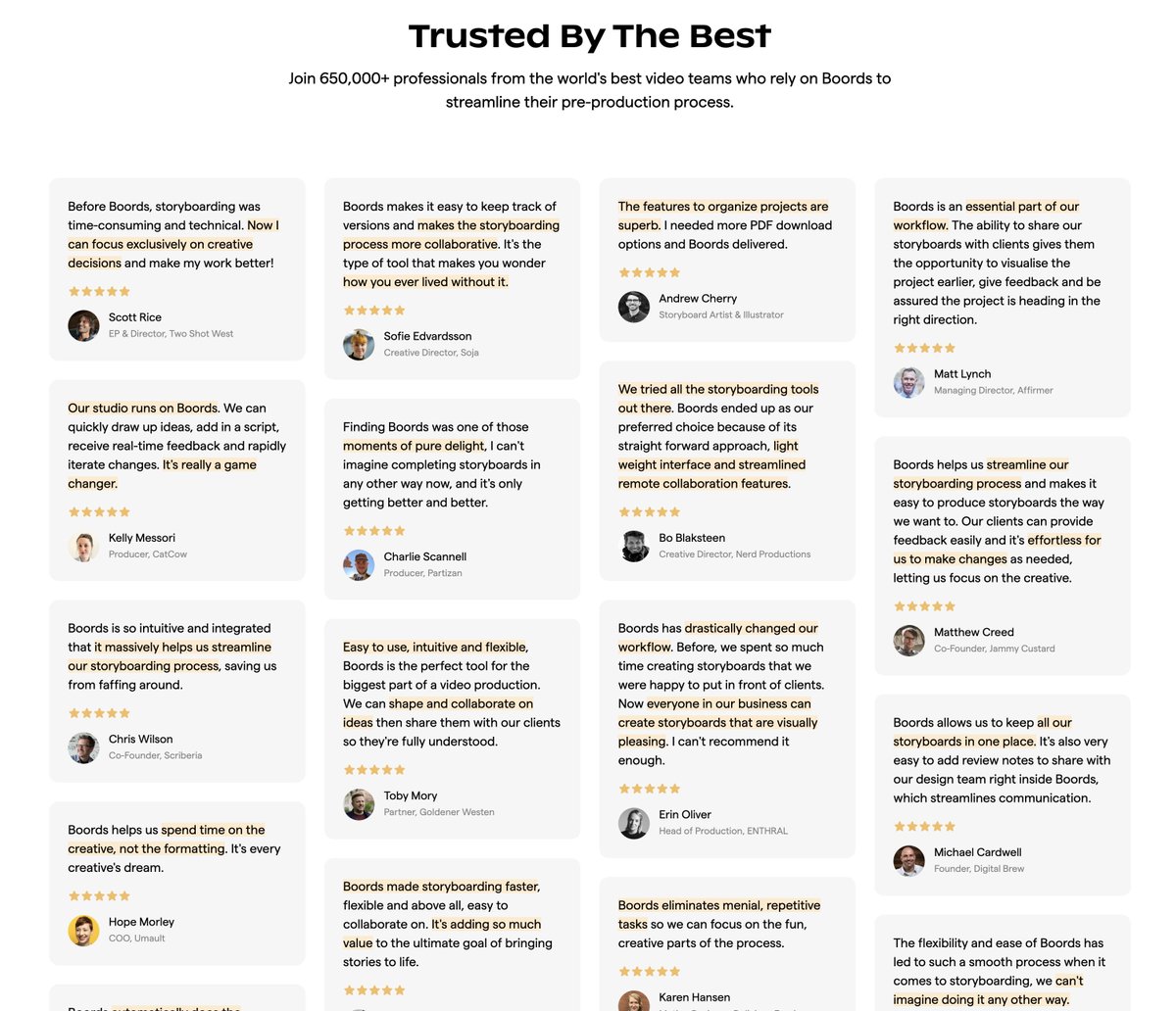 Added a big 'ol testimonial wall to boords.com. 

Previously, these were all squirrelled away on a 'customers' page. 

Excited to get this front and center.