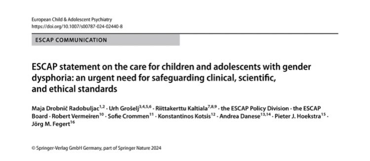 Die Europäische Gesellschaft für Kinder- und Jugendpsychiatrie (ESCAP) hat eine Grundsatzerklärung zur sog. „Gender-Dysphorie“ bei KuJ veröffentlicht, in der sie Gesundheitsdienstleister auffordert, keine experimentellen und unnötig invasiven Behandlungen mit unbewiesenen