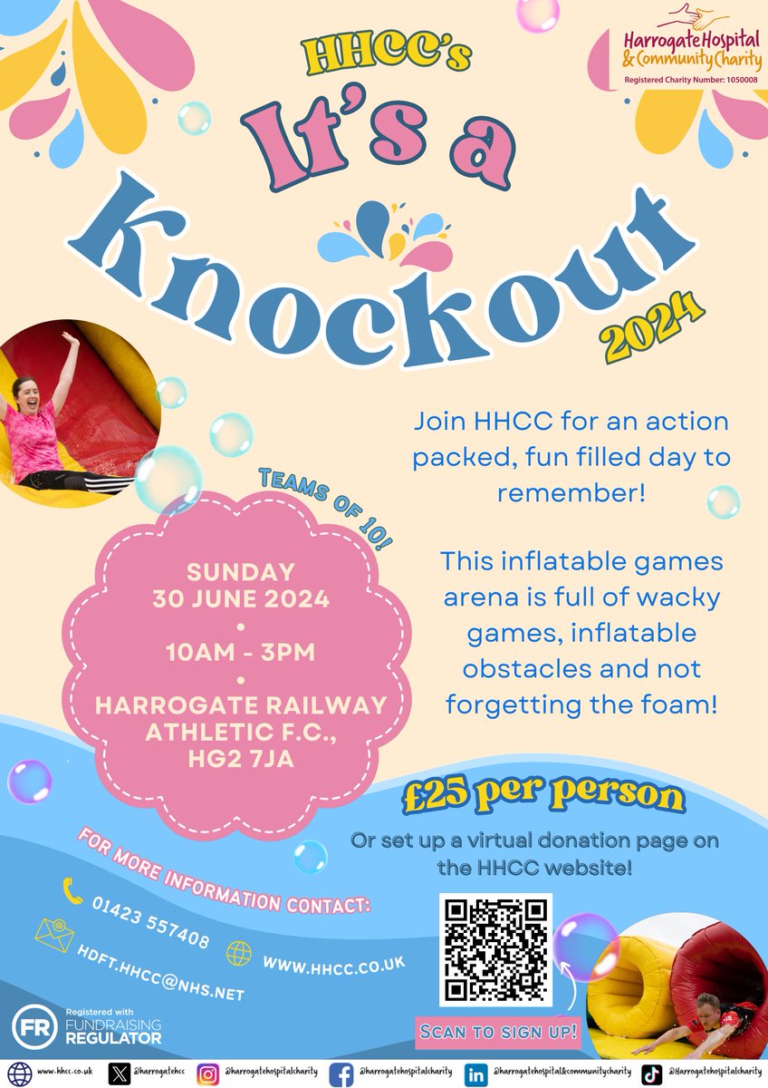 Join us for a day of fun, laughter, & friendly competition as teams battle it out in inflatable obstacle courses. Gather your team, and sign up today for It's A Knockout on Sunday 30 June 2024. Don't miss out on this exciting event – register now! Visit: hhcc.co.uk/its-a-knockout/