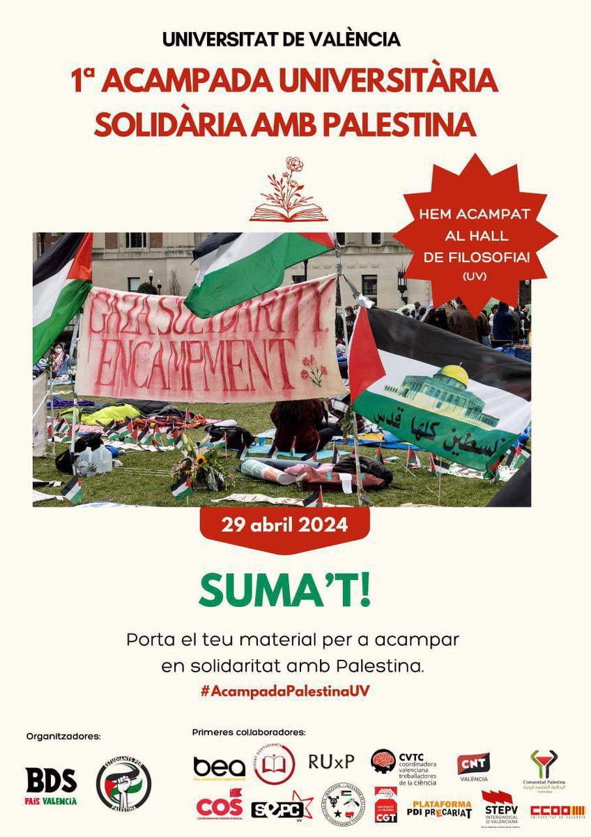 Comencen les acampades en solidaritat amb Palestina...Suma't!!!
@acampadauv #FreePalestine #StopArmingIsrael #StopTheGenocide #PalestinaLliure #AturemElGenocidi