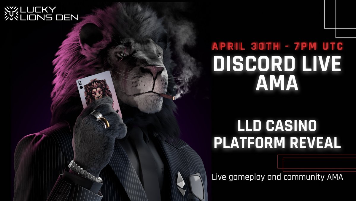 Lucky Lions Den (@luckylionsden) on Twitter photo <a href="/LuckyLionsDen/">Lucky Lions Den</a> Casino Platform Reveal - Discord Live AMA
Tuesday 30th April at 19:00 UTC
The Den awaits you - discord.gg/LuckyLionsDen
#LuckyLionsDen <a href="/LuckyLionsDen/">Lucky Lions Den</a> Casino Platform Reveal - Discord Live AMA
Tuesday 30th April at 19:00 UTC
The Den awaits you - discord.gg/LuckyLionsDen
#LuckyLionsDen