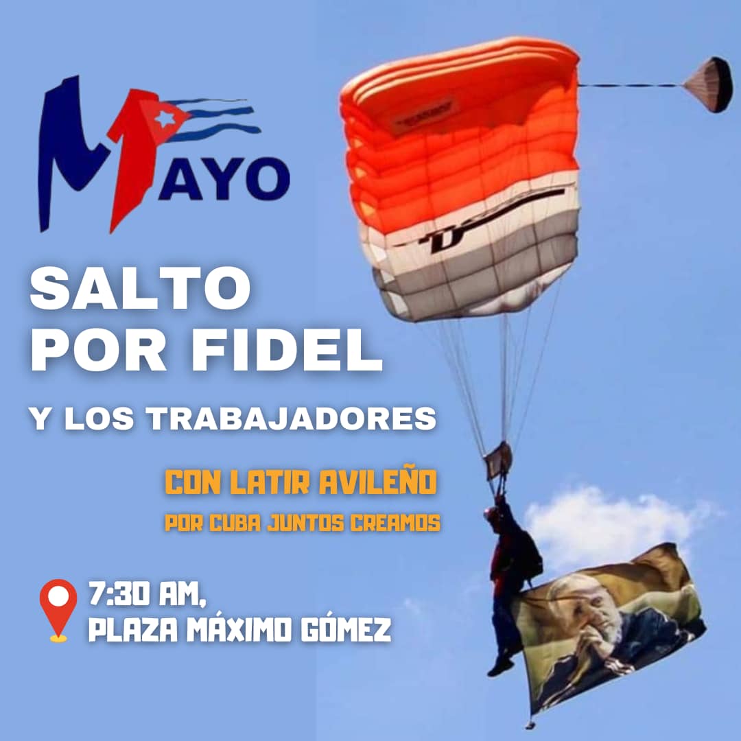 🪂🇨🇺✊️| 'Salto por Fidel y los Trabajadores', con #LatirAvileño' este #PrimeroDeMayo, junto al pueblo de Ciego de Ávila. Con las banderas abiertas continuamos levantando nuestro propio monumento a #FidelPorSiempre⭐️ en los umbrales de su Centenario.