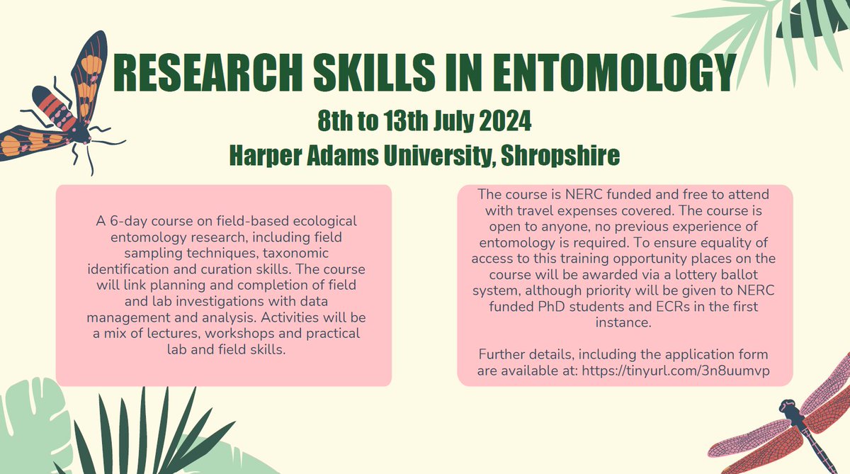 DEADLINE APPROACHING 🚨. Apply for our FREE July #entomology course @HarperAdamsUni aimed at PhDs & ECRs looking to upgrade their field, lab & data skills in #insect based research.

Details in the link; harper-adams.ac.uk/courses/short-…

Please RT