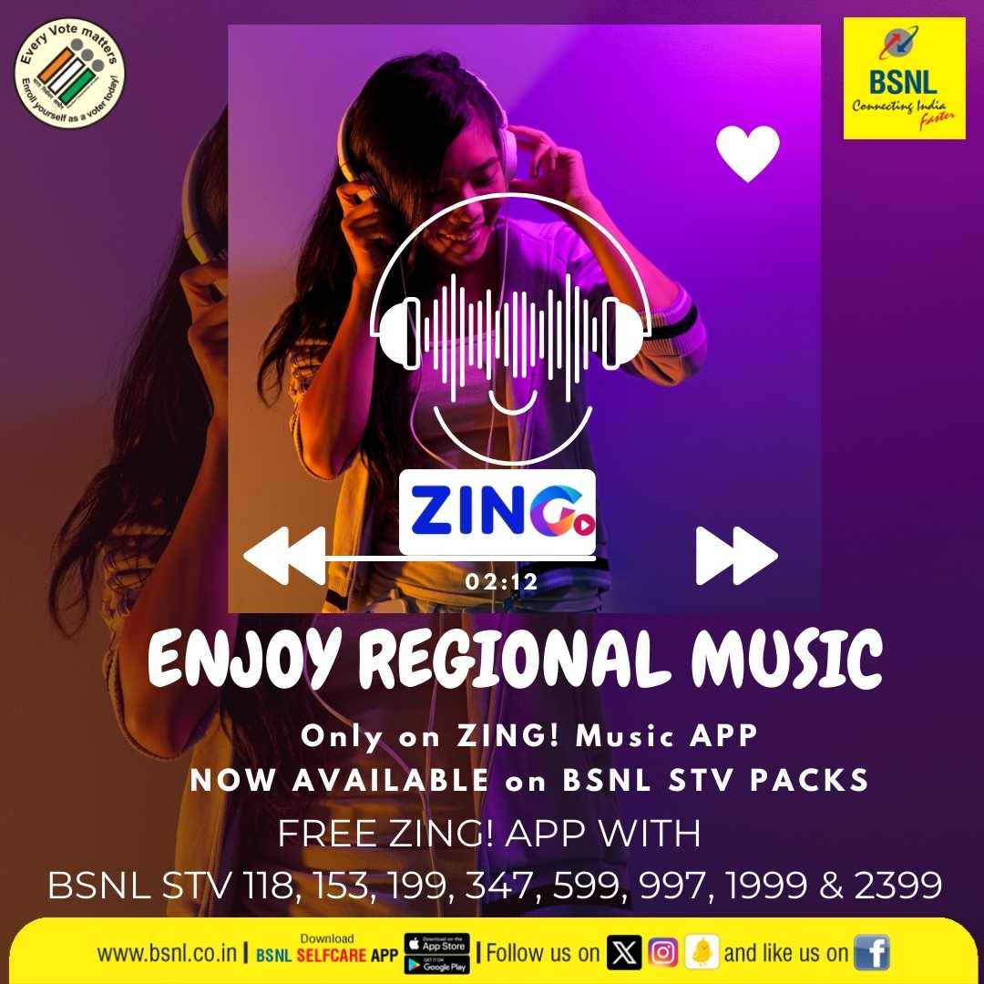 Experience the magic of regional culture with #Zing! Unlock access now with specific #BSNL prepaid plans.

Download #BSNLSelfcareApp 
Google Play: bit.ly/3H28Poa 
App Store: apple.co/3oya6xa 
#BSNLOnTheGo #BSNL #DownloadNow