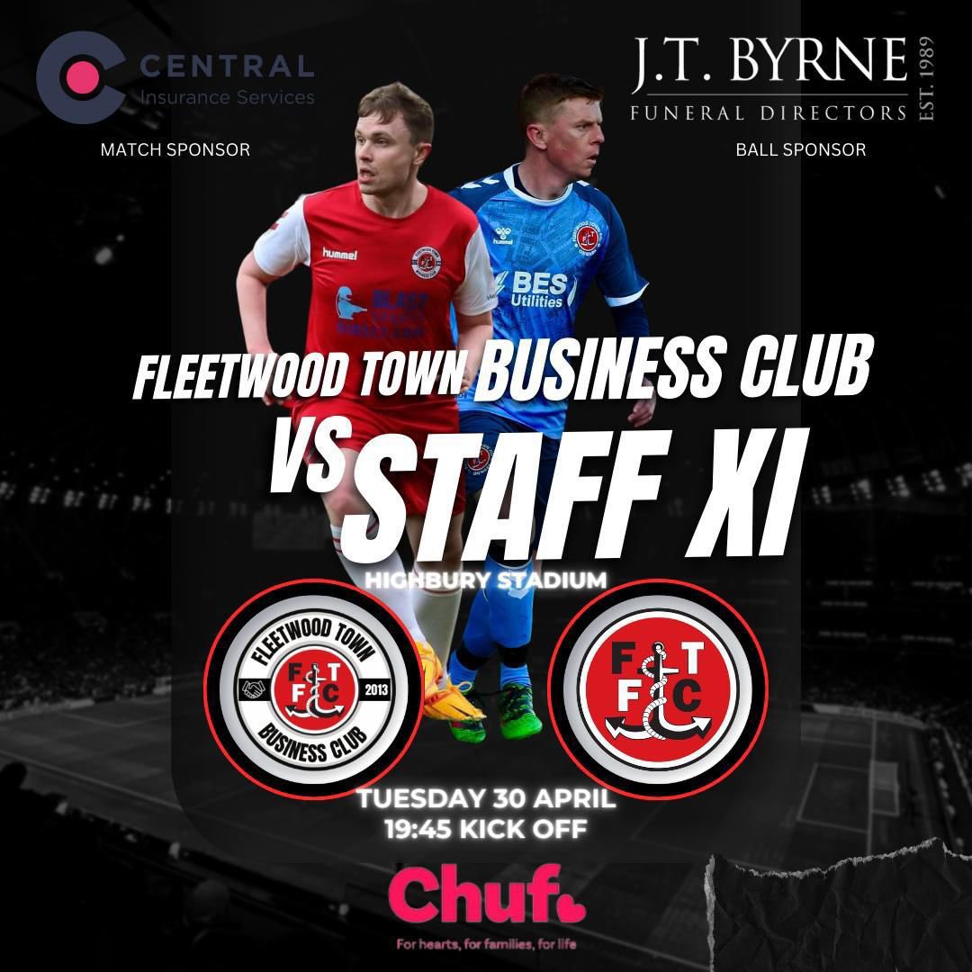 Head down to Highbury Stadium tonight for the Fleetwood Town Business Club vs FTFC Staff XI in a charity game for CHUF ❤️ The Parkside Lounge will be open with bar service, set for a 7:45pm kick off ⚽️ Thank you to our Match Sponsors, @CenInsurance & @jtbyrnefunerals 👏 £5
