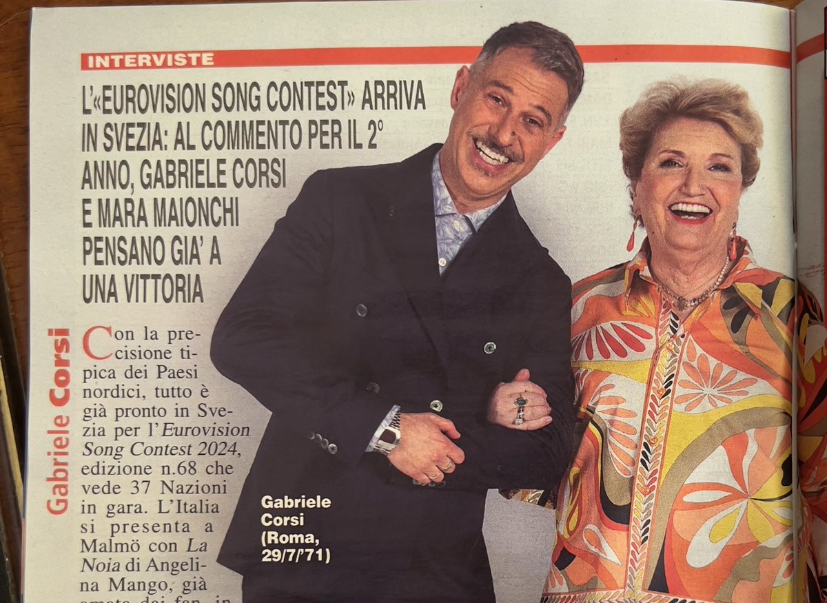 In anteprima su TeleSette, Gabriele Corsi e Mara Maionchi parlano del loro secondo anno insieme a #Eurovision con alcune novità nel commento rispetto al 2023. Mara sarà in Italia per le due semifinali (fa anche lo show di Milly Carlucci), mentre Gabriele sempre a Malmö #ESCita