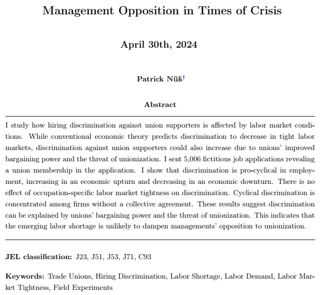 🚨 New Working Paper! 🚨 Do labor market conditions affect the hiring discrimination of union supporters? Short answer: Yes they do. I find that discrimination is pro-cyclical and mainly observable among firms without a collective agreement. The paper: papers.ssrn.com/sol3/papers.cf…