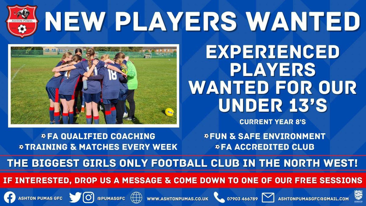 We are looking for experienced players for our Under 13’s as they move up to 11 aside next season Drop Phil/ Billy a message +44 7711 831995 +44 7828 166343 or the page a message if interested ⚽️
