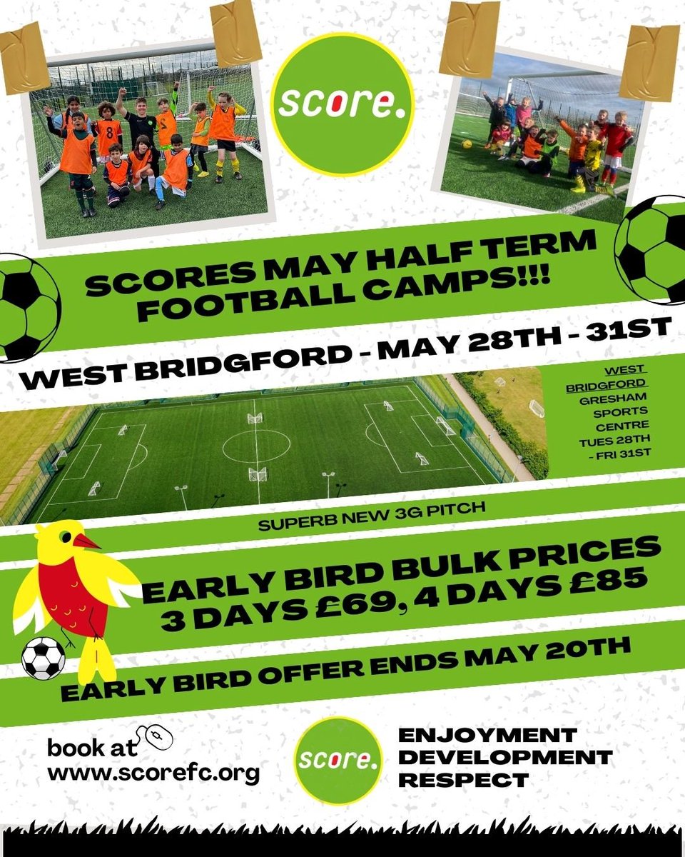 Needing to plan for the May half-term?🌟

Why not consider Scores Football Camps hosted at Gresham Sports Centre!⚽️🥅

scorefootballcoaching.co.uk