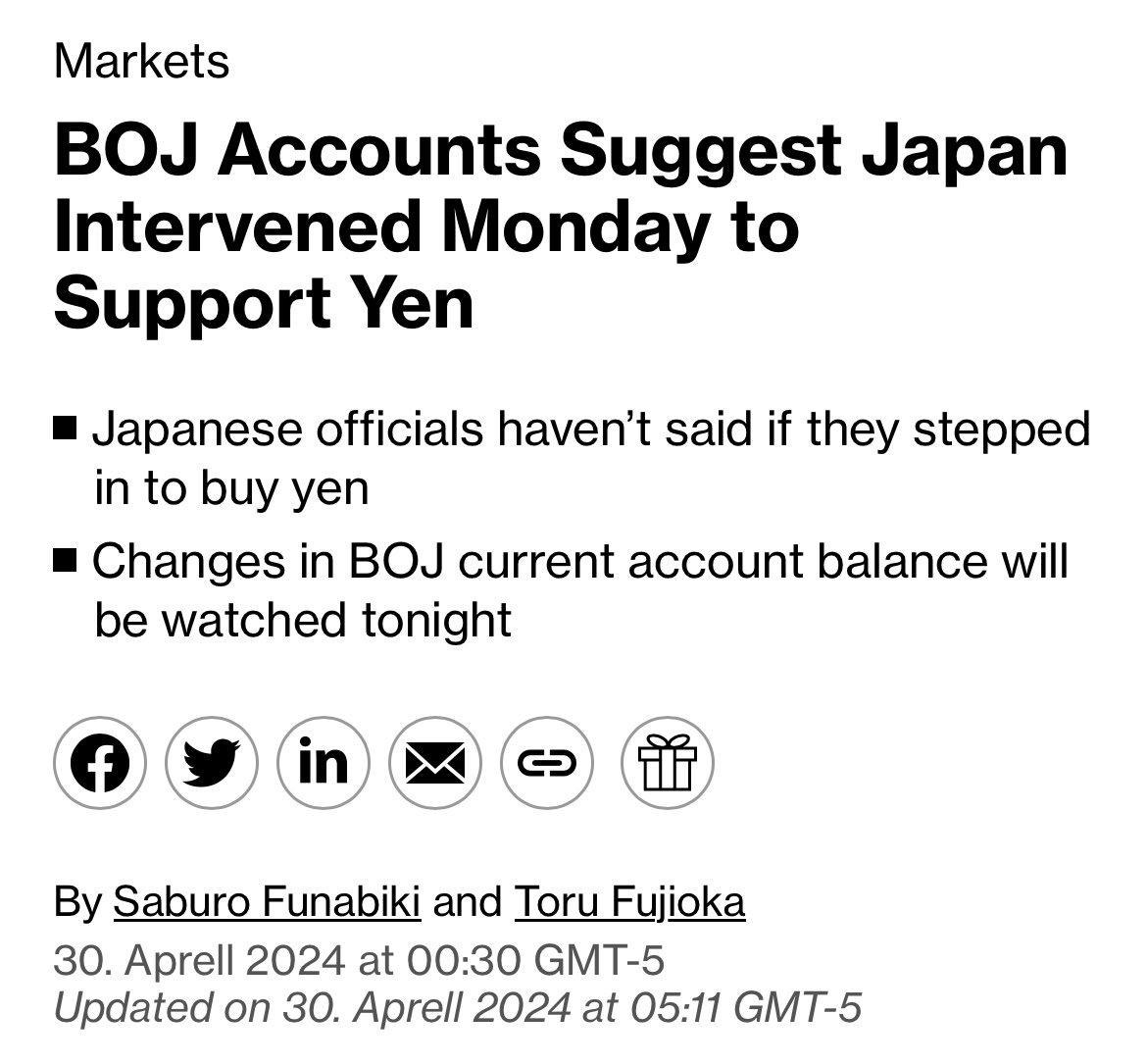 Verteidigung des Yen 🇯🇵 kostet bereits über 115 Milliarden US-Dollar

Laut Bloomberg soll die Bank of Japan am Montag 5,5 Billionen Yen (ca. 35. Milliarden US-Dollar) zur Währungsstabilisierung eingesetzt haben. 

Dabei verkauft sie US-Dollar und kauft dafür Yen an, den sie im