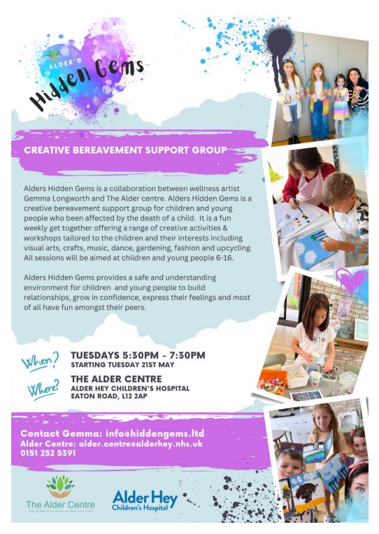 Alder's Hidden Gems - Children's Craft Activity Evening for any child affected by the death of a child Flyer #bereavementsupport #childloss