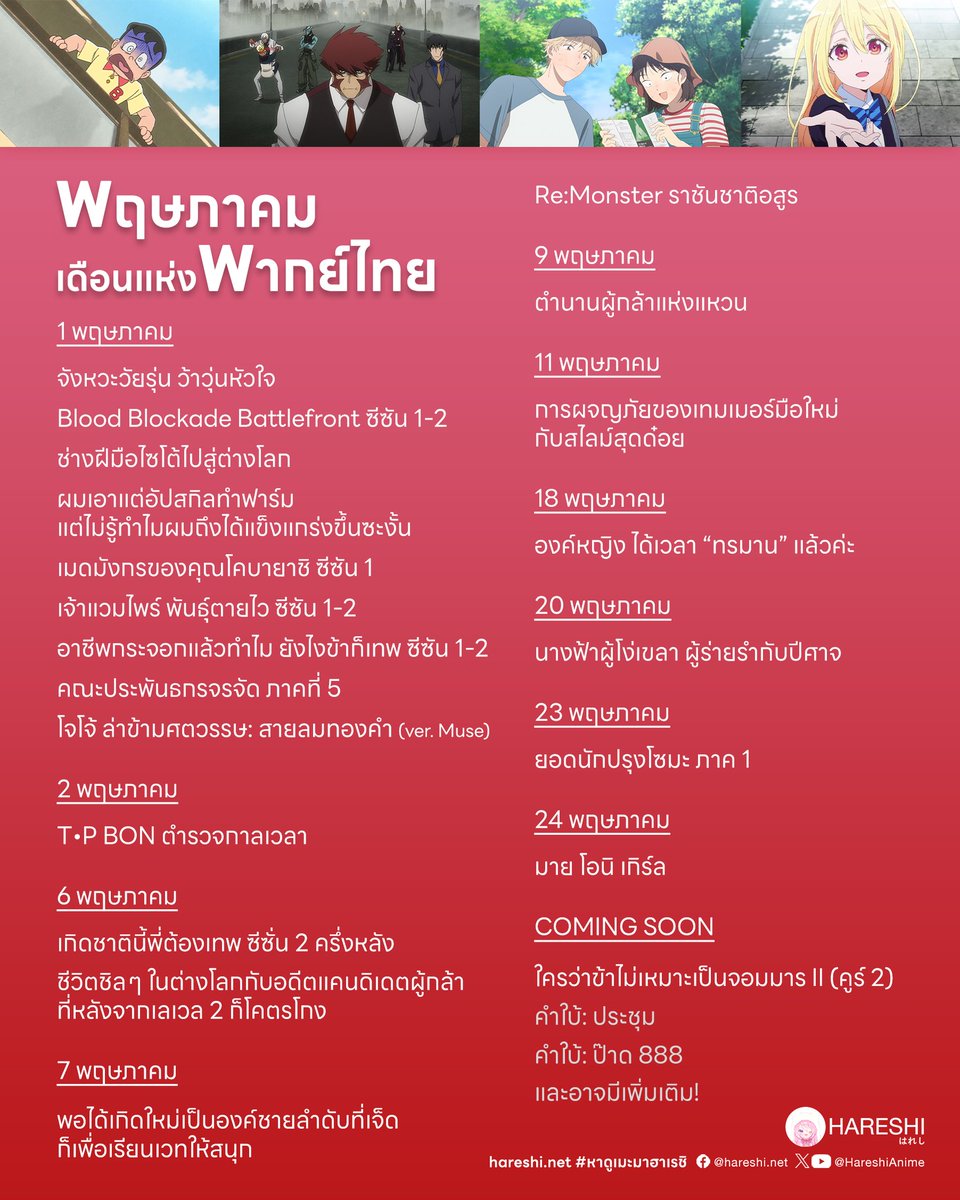 📌 และนี่คือตารางพากย์ไทยที่จะออกอากาศพฤษภาคมนี้กว่า 20 เรื่อง
จากหลากค่าย ไม่ว่าจะป็น ANIPLUS, Medialink, Muse และ Netflix

ชอบเรื่องไหน สนใจซีรีส์ใด จดลิสต์ไว้เลย
เช็กเพจและเว็บฮาเรชิ และมาสนุกด้วยกันนะ!

🔎 ค้นหาอนิเมะถูกลิขสิทธิ์!
ไม่รู้ดูที่ไหน เช็กง่ายๆ คลิก…