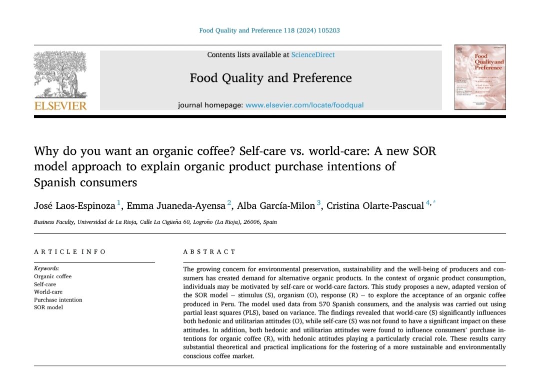 Excited to share our #justpublished paper on organic coffee acceptance 🍃☕ in Food Quality and Preference  #openaccess, co-authored with José Laos-Espinoza, Emma Juaneda-Ayensa and Cristina Olarte-Pascual. 
sciencedirect.com/science/articl…
