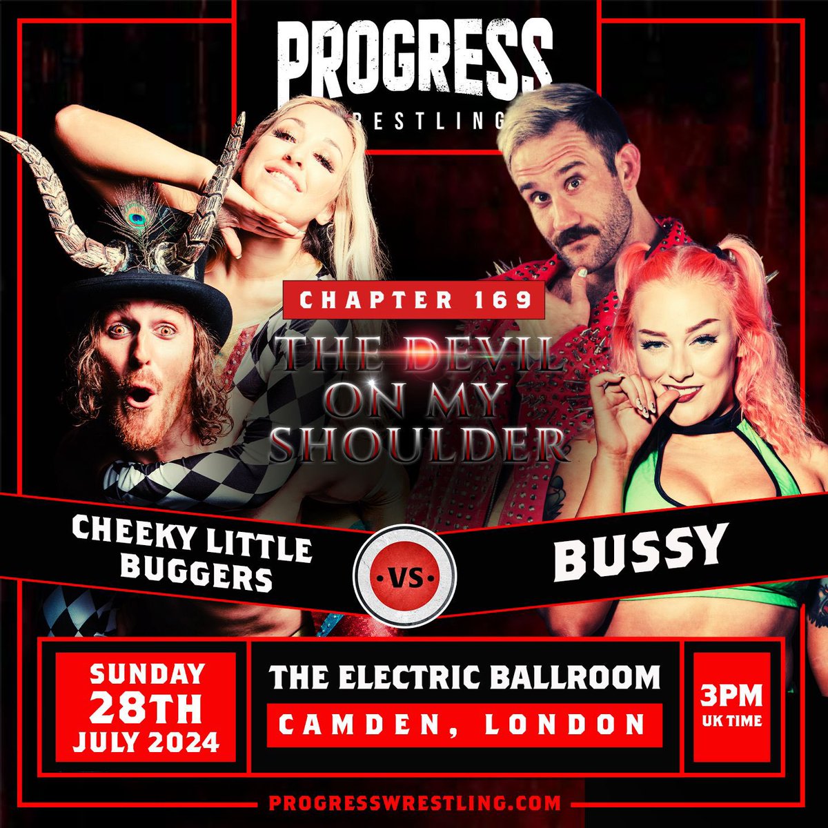 🚨 THE DEVIL ON MY SHOULDER 👹 Danhausen will be competing 😈 Cheeky Little Buggers Vs. BUSSY ❌ Front row tickets have sold out! 🪑 Remaining seating tickets are selling fast! 📅 SUN 28th July | 3PM | Electric Ballroom, London 🎟️ Progresswrestling.com/tickets