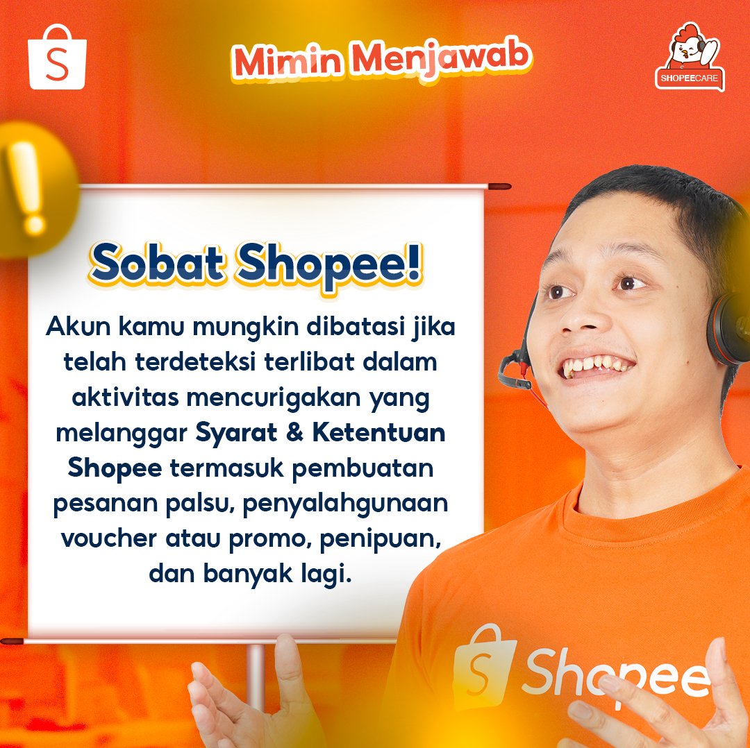 Sobat Shopee! Pasti bingung kalo akun kamu tiba-tiba dibatasi?🤔 Sini Mimin kasih tau alasannya di #MiminMenjawab hari ini! Kalo ada pertanyaan bisa message Mimin dan FOLLOW @ShopeeCare ya!🥰 #Shopeecare #MelayaniDenganSolusi