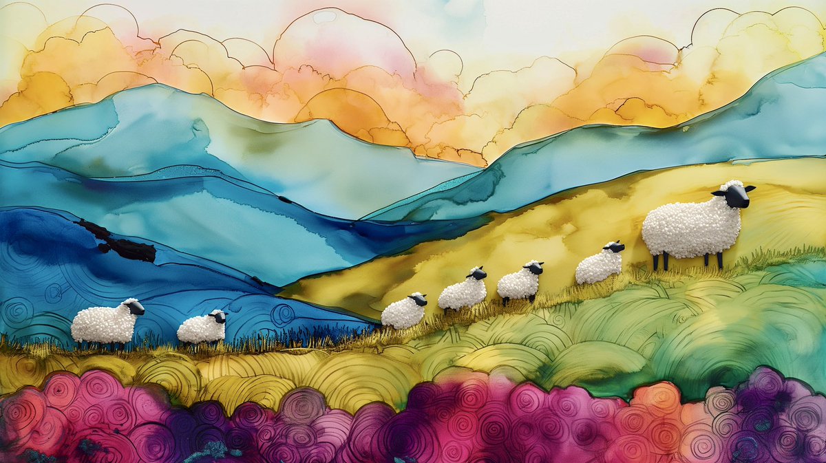 Sheep in meadows graze, White fleeces kissed by sunlight, Nature’s softest haze. #aiart, #aiartcommunity, #AIArtworks,