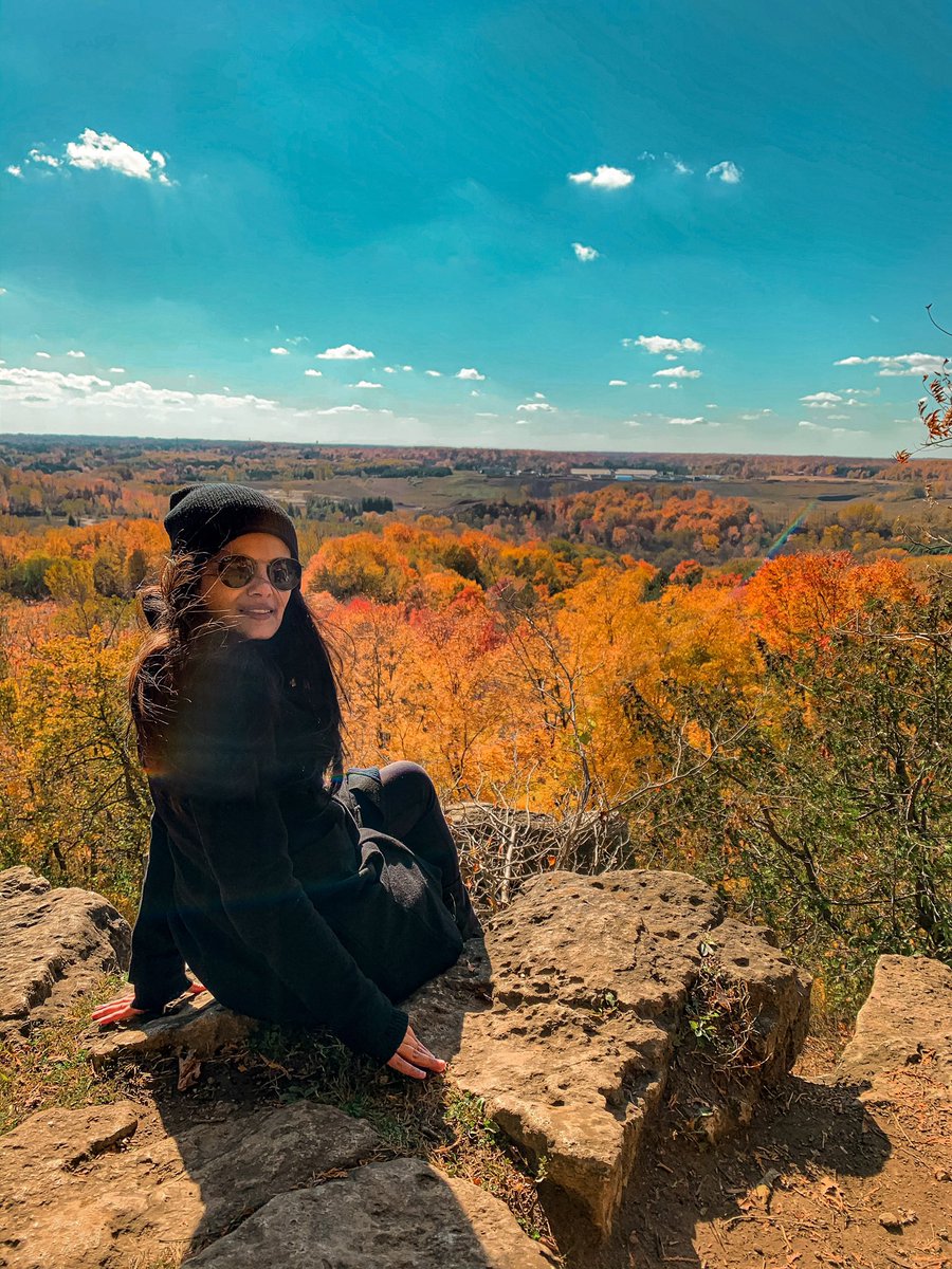 “Go, sit upon the lofty hill, And turn your eyes around, Where waving woods and waters wild Do hymn an autumn sound” ~Elizabeth Barrett #travelphotography #canonphotography #selfportrait #autumn #fallcolors #rattlesnakepoint #ontario #Canada