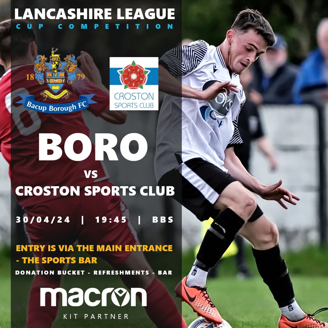 MIDWEEK CUP ACTION⚽️👊 🆚@CrostonSportsFC 🏆@LancashireFA League 🗓️30/04/24 ⏰19:45pm 📍Brian Boys Stadium | OL13 8EE ENTRY VIA SPORTS BAR ENTRANCE 🍻🥟Bar will be open for refreshments