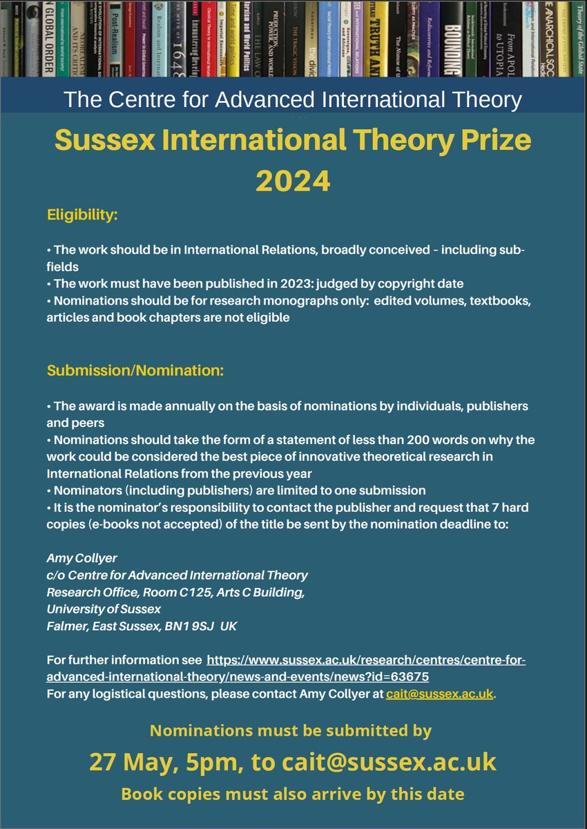 Call for nominations for the 2024 Sussex International Theory Prize is extended to *May 27*. @SussexGlobal @IRSussex @MYBISA @isanet @CUP_PoliSci