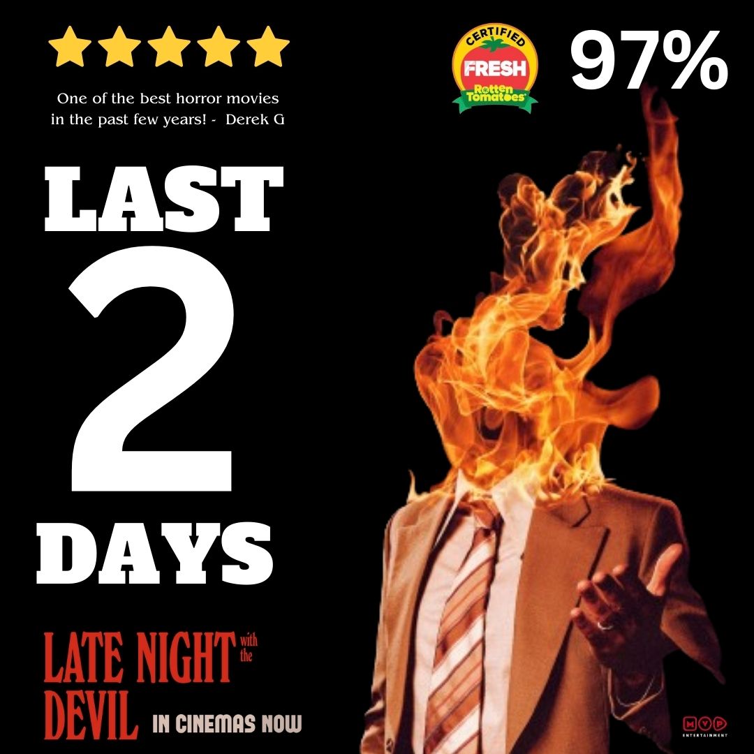 For just two more days,seize the chance to see this globally acclaimed movie that's been the talk of the town.'Late Night with the Devil'playing in cinemas now.

#latenightwiththedevil #latenightwiththedevilmovie #pvrinox #horror #newmovie #newrelease #trending #daviddastmalchian