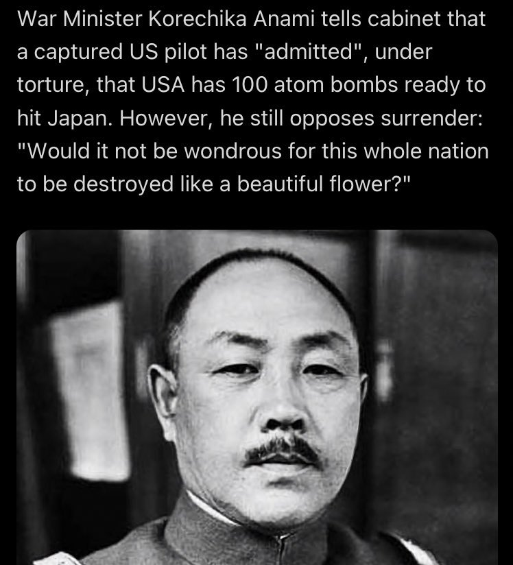 mrjeffu's tweet photo. Thread: I just saw a meme about Japanese War Minister Anami responding to the 1945 atomic bombings by saying: "would it not be wondrous for this whole nation to be destroyed like a beautiful flower?" It struck me as an rather odd translation...(/1) https://t.co/3WgpmjYJT2