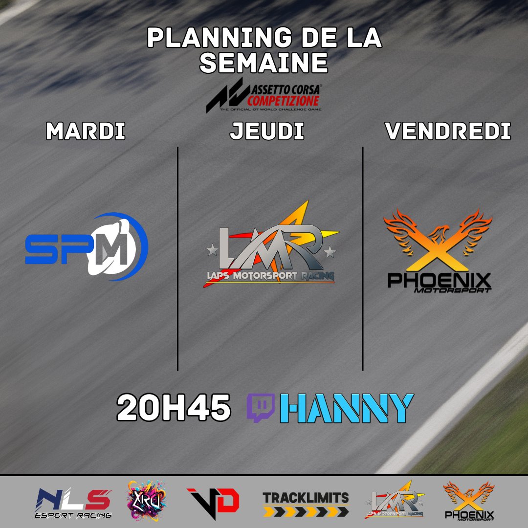 Bonjour a tous, voici le planning pour les stream ACC de cette semaine.

On commence ce soir avec l'open de lancement de la <a href="/spmcorp/">SPM Corp 🪐</a>  !

Ma retransmission des 12H de la LMR samedi est annulée, j'ai trop tiré sur la corde. Je vais temporiser un peu.