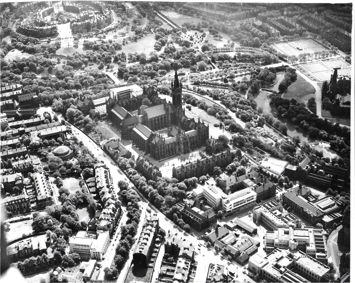 Eye in the sky. Lots to interrogate in this 1950s aerial shot of Glasgow University. I can see my first place of work, the old round Reading Room. Pic: George Outram Ltd