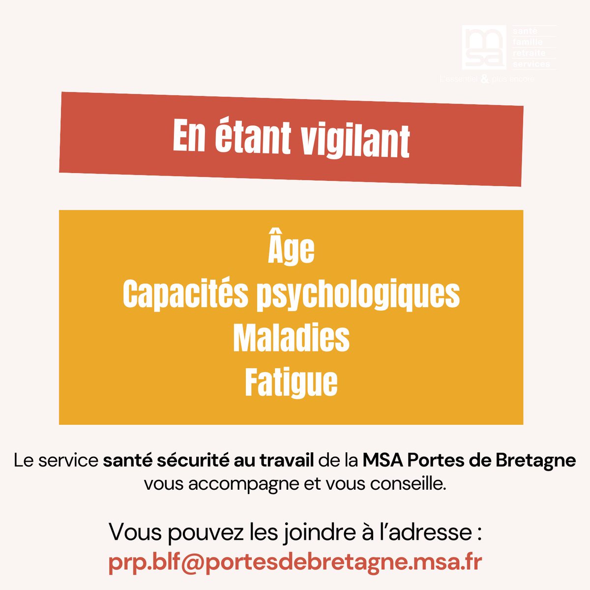 🌦️Printemps pluvieux et conditions de travail : soyez vigilants !🤝

Le service santé sécurité au travail de la MSA Portes de Bretagne vous accompagne et vous conseille. 
Vous pouvez les joindre à l'adresse : 
prp.blf@portesdebretagne.msa.fr 
#santé #sécurité @msa_actu