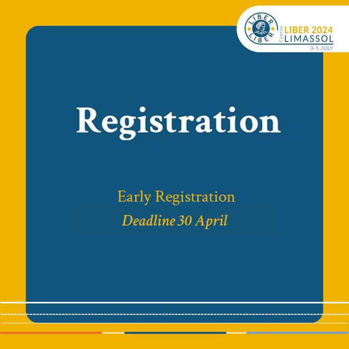 ‘Last Chance Alert' Early bird registrations for LIBER 2024 are still open! Book your tickets at a reduced rate today 30 April to join us in Limassol, Cyprus, from 3-5 July. And check out our confirmed speakers here: liberconference.eu/keynote-speake… #LIBER2024 @easy_conf