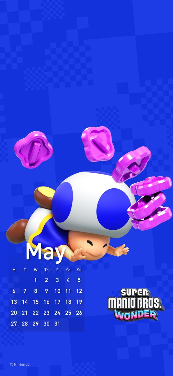 May is here! Put a spring in your step (but don't stumble!) with this #SuperMarioBrosWonder calendar wallpaper for your smartphone, featuring Blue Toad.