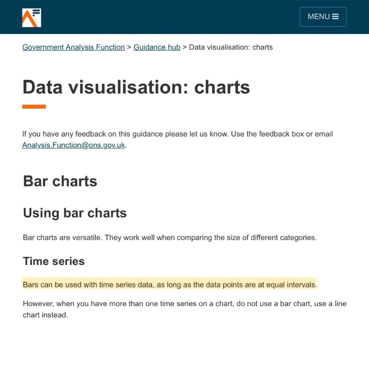 Oh dear. Looks like someone at ONS hasn’t read their own data visualisation policy. 😳 “Bars can be used with time series data, as long as the data points are at equal intervals.” analysisfunction.civilservice.gov.uk/policy-store/d…