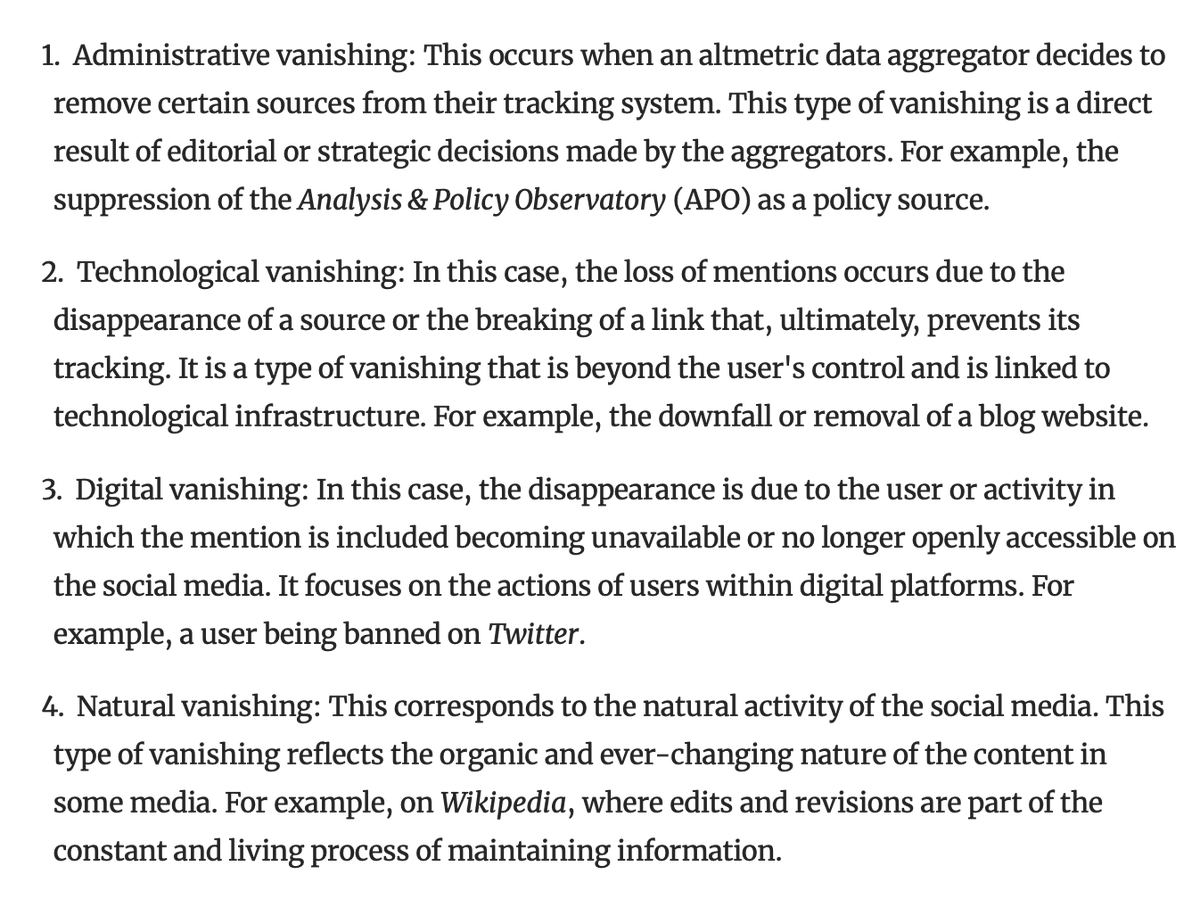 We identify four types of vanishing of mentions that affect Altmetric Attention Scores:
1. Administrative decisions
2. Technological glitches
3. User actions on digital platforms
4. Natural changes on platforms

👀 Understanding these can enhance altmetric reliability

(4/6 🧵)